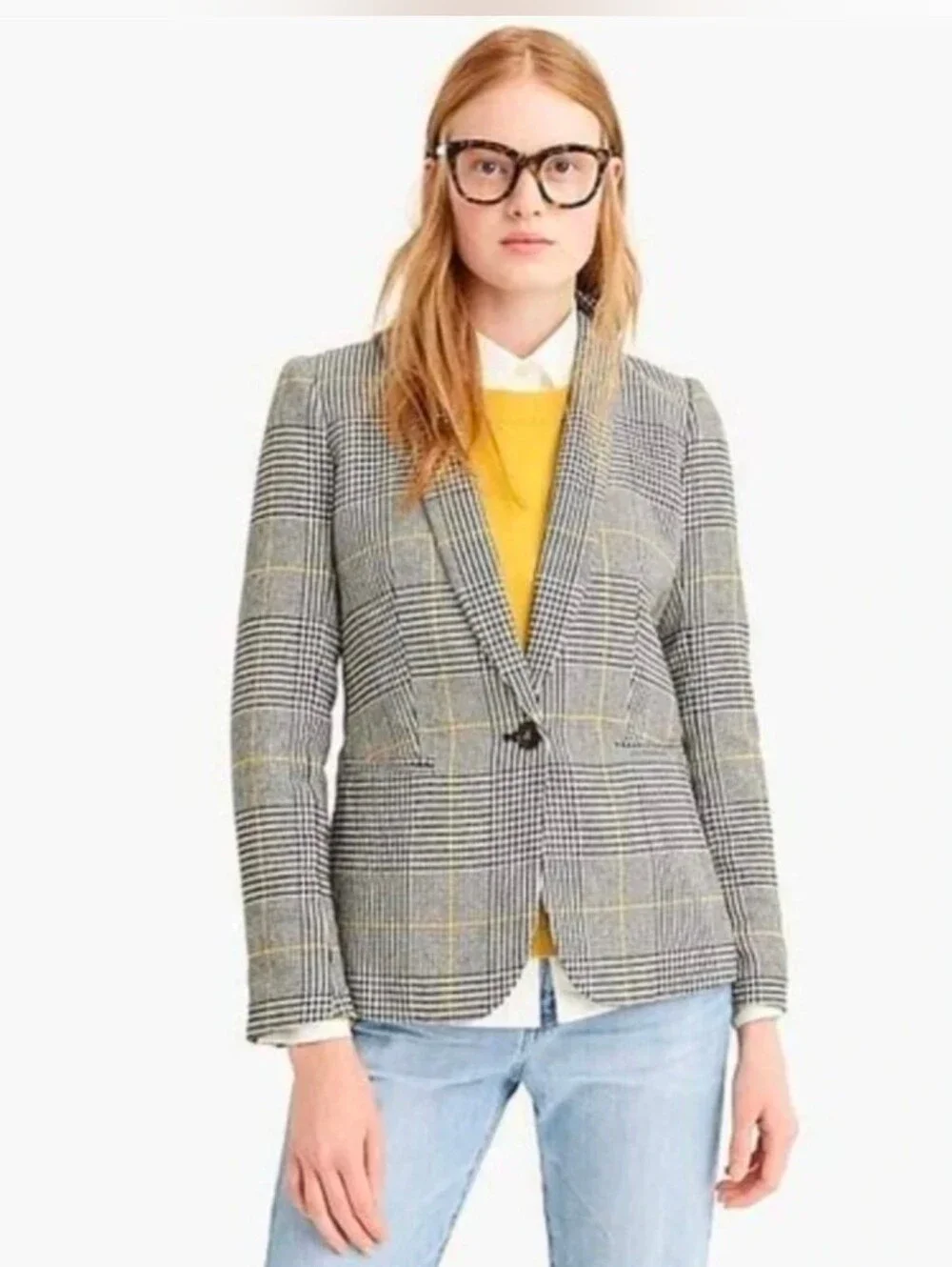 J.Crew Parke Blazer Size 2 Glen Plaid Wool Blend Houndstooth Jacket Yellow Black